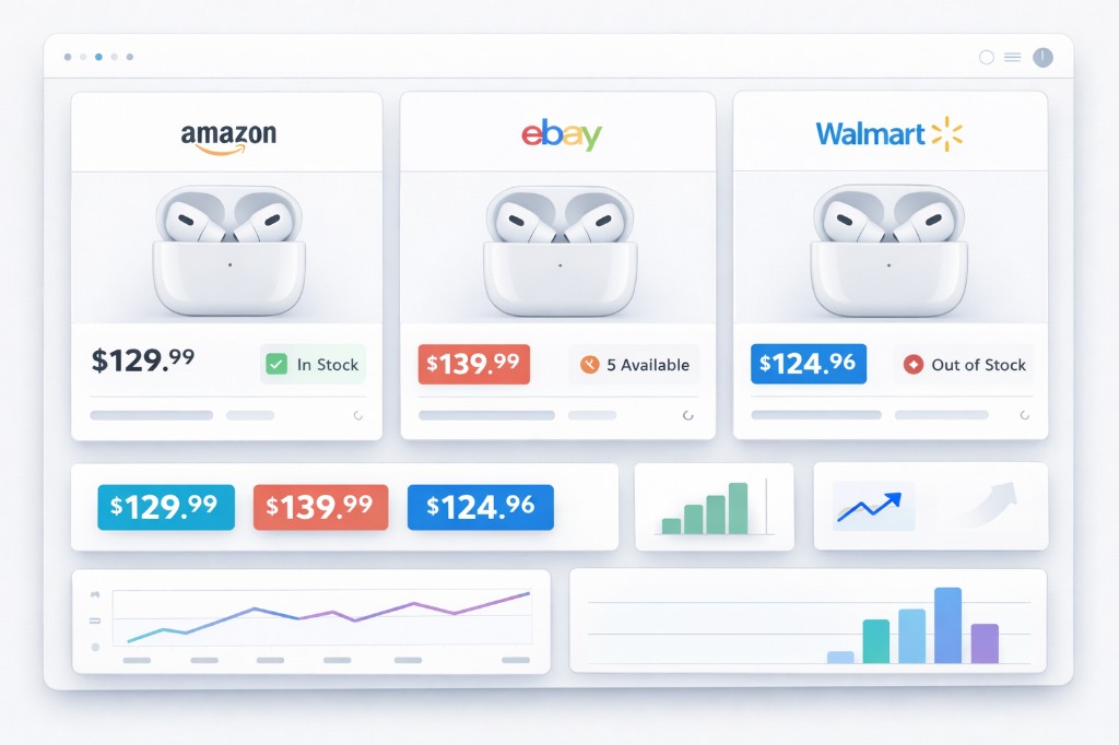 Price intelligence dashboard comparing the same product across Amazon, eBay, and Walmart with prices, stock status, and trend charts