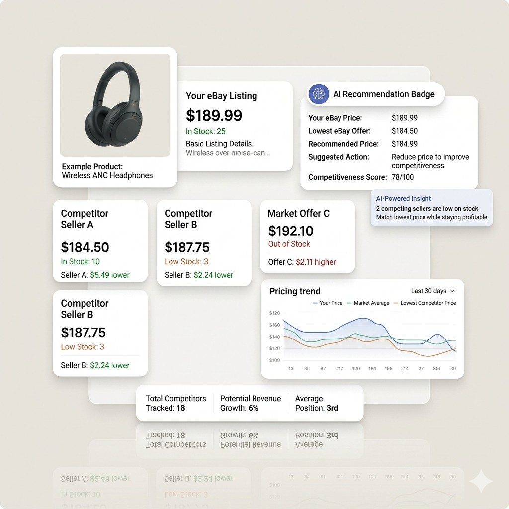 PriceIntel AI eBay price intelligence dashboard showing competitor prices, alerts, trends, and AI pricing insights