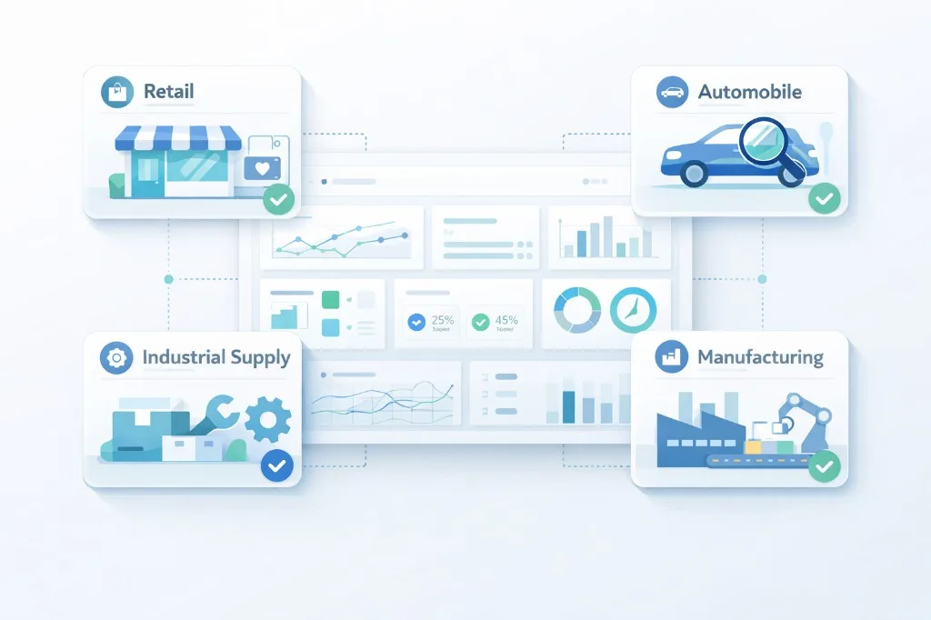 Industries connected to pricing intelligence: retail, automobile, industrial supply, and manufacturing around a central analytics dashboard