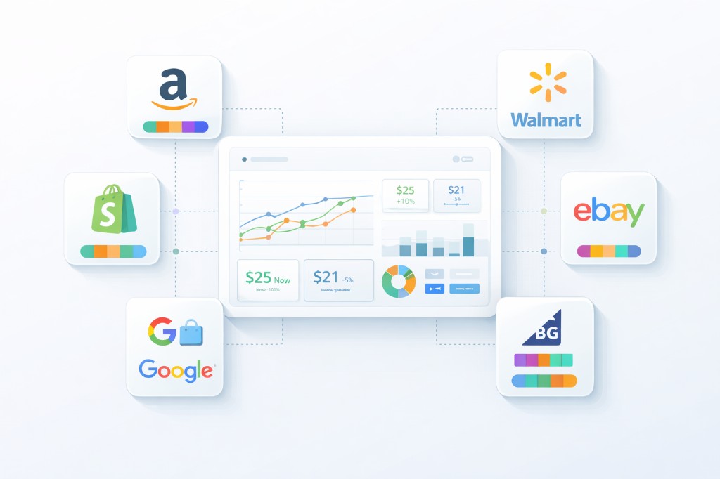 Central pricing dashboard connected to Amazon, Walmart, eBay, Google, Shopify, and other commerce platforms