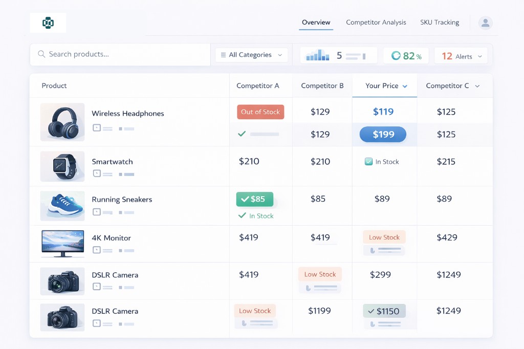 PriceIntel AI dashboard Overview: competitor price comparison table with your price, stock status badges, alerts, and category filters