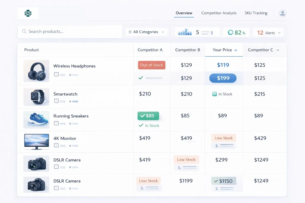 PriceIntel AI dashboard: competitor price comparison table with your price, stock status badges, alerts, and category filters