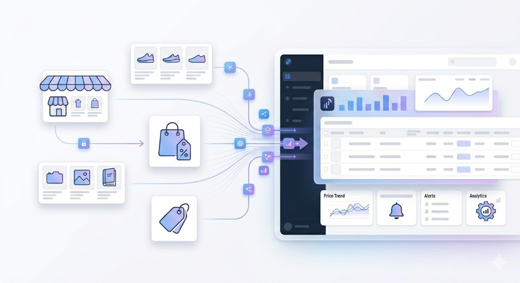 Price intelligence software illustration: ecommerce sources and competitor data flowing into a pricing analytics dashboard with trends, alerts, and insights