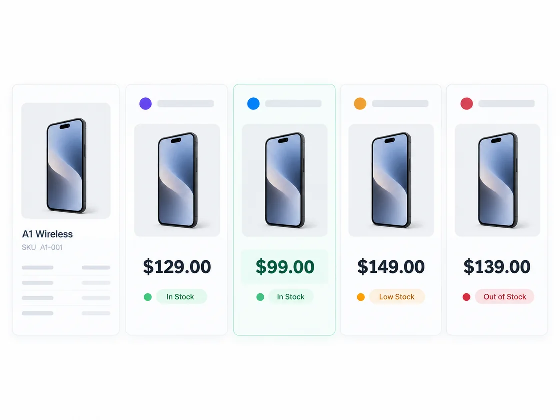 Competitor price comparison for one retail product, showing four competitor prices side by side with in stock, low stock and out of stock status