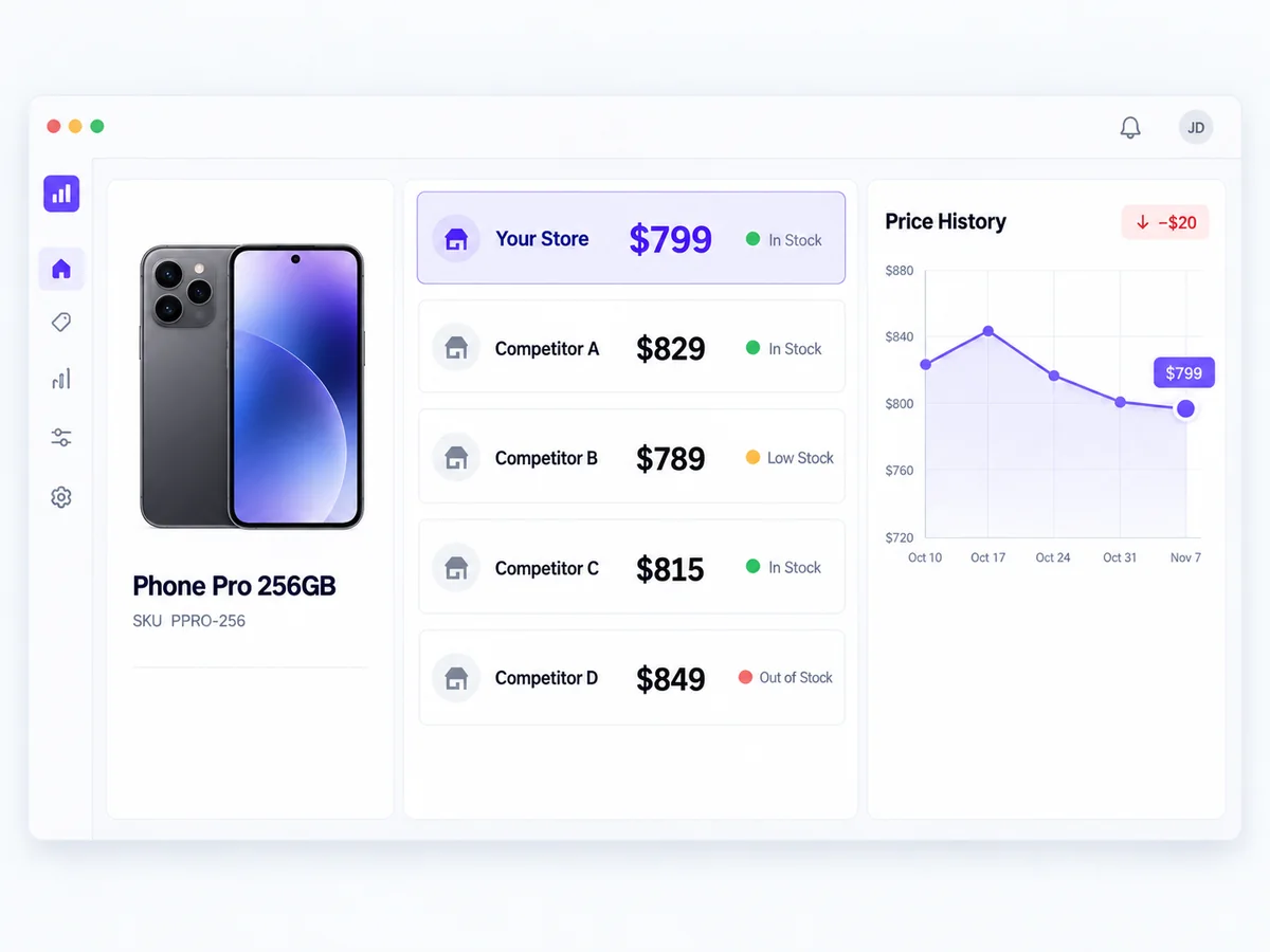 Retail pricing dashboard comparing your store price of $799 with four competitor prices, stock status for each seller and a price history chart