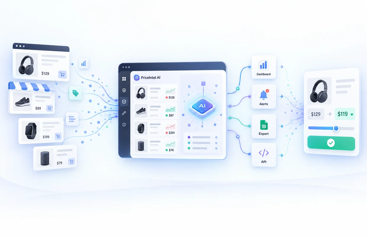 Retail pricing intelligence workflow: competitor sites and marketplaces feed PriceIntel AI, which delivers a dashboard, alerts, export and API output leading to a price change
