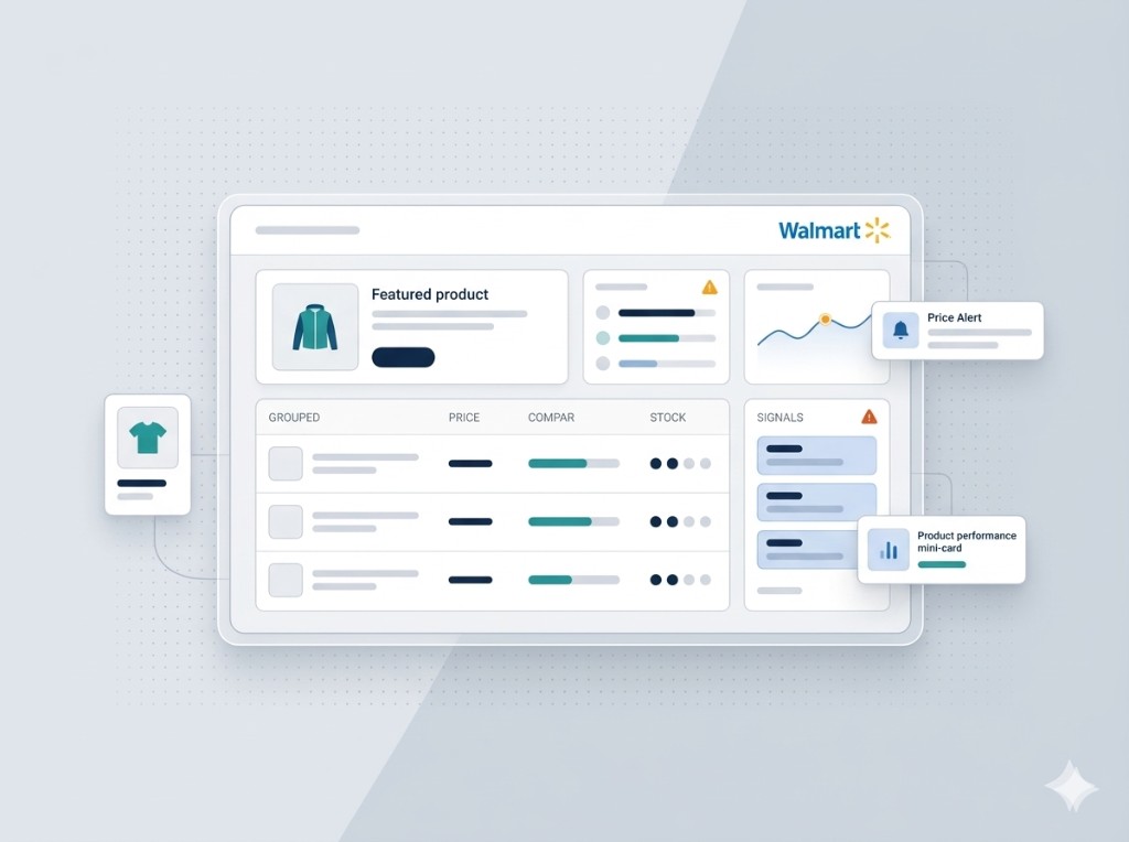 Walmart marketplace intelligence dashboard showing seller offers, price movement, stock and promotion changes