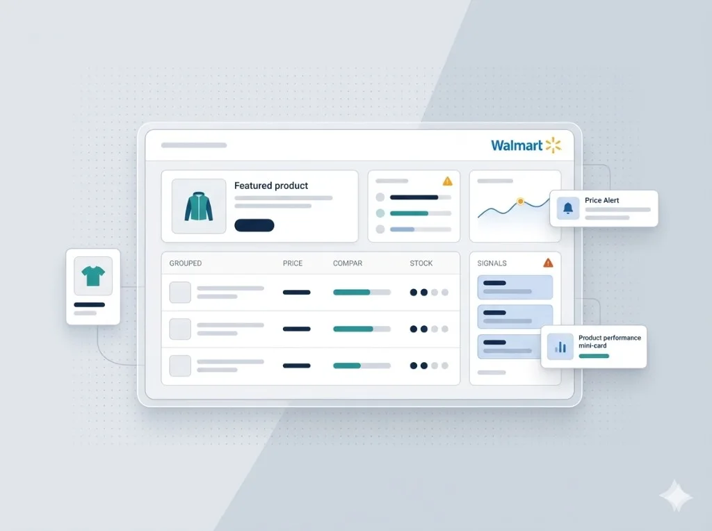 Walmart marketplace intelligence dashboard showing seller offers, price movement, stock and promotion changes
